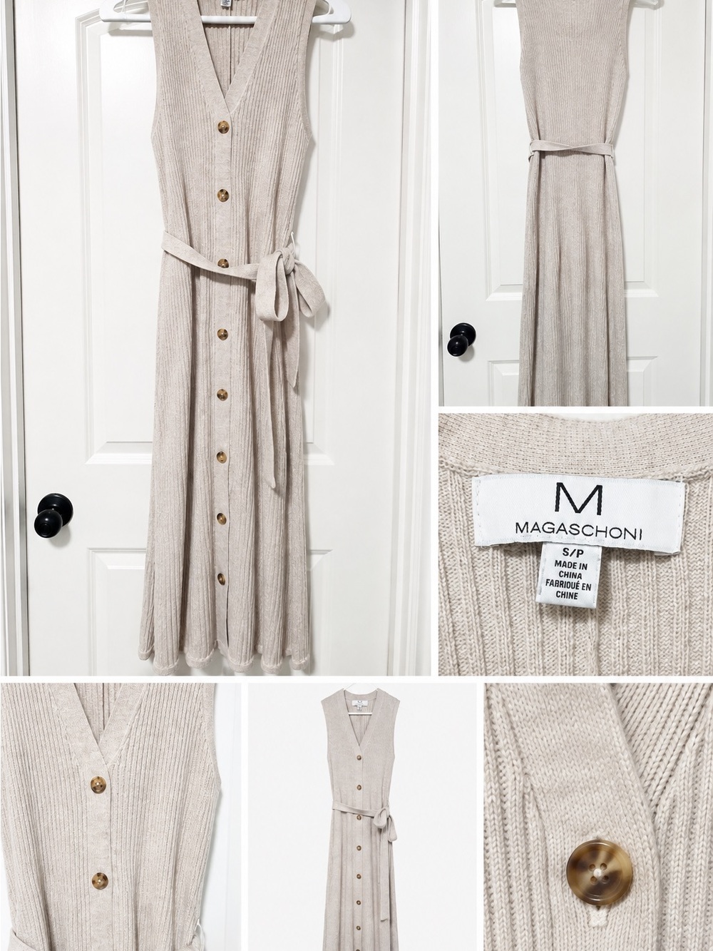 Magaschoni Anthropologie Ribbed Knit Maxi Dress Small Belted Neutral